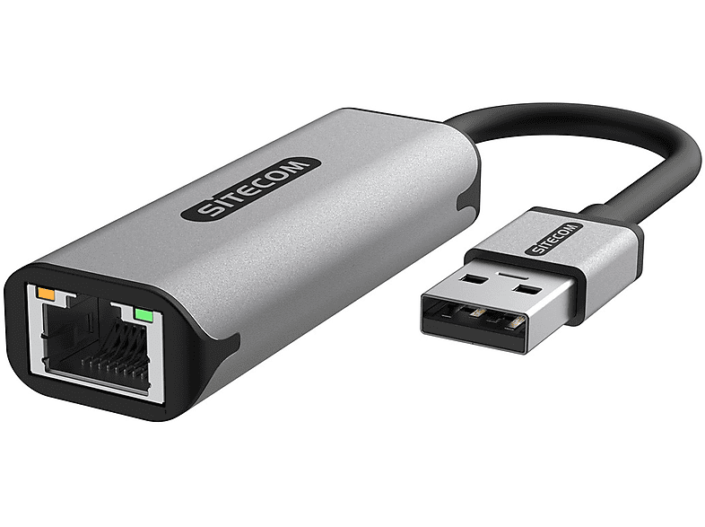 Un adaptateur SITECOM USB vers Ethernet. Appareil argenté avec connecteur USB et port Ethernet.