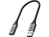 Câble adaptateur USB-C vers USB noir et gris. Le câble se courbe entre deux connecteurs.