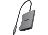 Hub USB-C SITECOM gris connecté à un câble avec ports HDMI et USB-C, fond noir.
