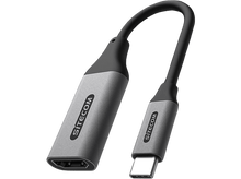 Charger l&#39;image dans la galerie, Un câble adaptateur avec un connecteur USB-C et un port HDMI, en gris et noir sur fond noir.
