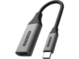 Un câble adaptateur avec un connecteur USB-C et un port HDMI, en gris et noir sur fond noir.