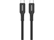 Deux câbles USB-C noirs côte à côte sur fond noir, affichant leurs connecteurs.