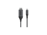 Deux câbles USB-C gris sur fond noir. L'un est branché.
