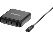 Charger l&#39;image dans la galerie, Un adaptateur secteur noir avec plusieurs ports USB et un câble d&#39;alimentation.
