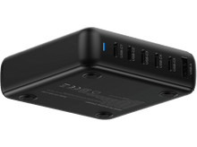 Charger l&#39;image dans la galerie, Une station de charge noire avec ports USB-C et USB-A sur fond noir. Elle a une lumière bleue.
