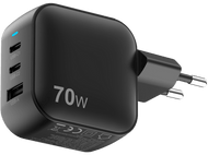 Adaptateur secteur noir 70W avec trois ports USB et une prise.