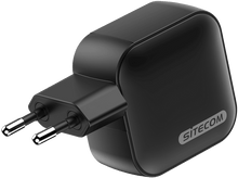 Charger l&#39;image dans la galerie, Chargeur mural Sitecom noir avec deux broches sur fond sombre.
