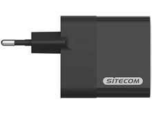 Charger l&#39;image dans la galerie, Adaptateur secteur Sitecom noir avec prise à deux broches, vue de dessus.
