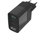 Adaptateur secteur noir 65W avec ports USB, avec un fond noir.