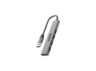 Hub USB argenté avec quatre ports bleus et un câble noir, sur fond noir.