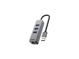 Hub USB Sitecom gris avec 3 ports USB et un port Ethernet.