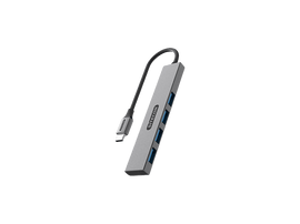 Un hub USB SITECOM argenté avec quatre ports USB bleus et un câble noir.