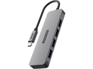 Hub USB-C SITECOM gris, connecté par câble, avec quatre ports USB, isolé sur fond noir.