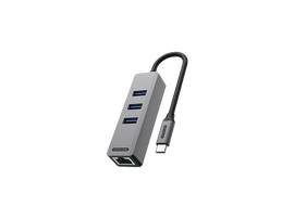 Un hub USB gris avec trois ports et un connecteur USB-C.