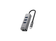 Un hub USB gris avec trois ports et un connecteur USB-C.