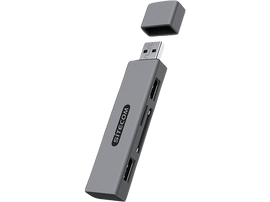 Un hub USB SITECOM gris avec un capuchon et un fond noir.