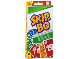 Boîte du jeu de cartes Skip-Bo, avec cartes, texte et logo Uno Mattel Games.