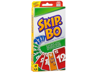 Boîte du jeu de cartes Skip-Bo, avec cartes, texte et logo Uno Mattel Games.