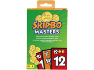 Boîte de jeu de cartes Skip-Bo Masters avec cartes et pièces d'or sur fond vert.