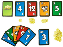 Charger l&#39;image dans la galerie, Jeu de cartes Skip-Bo. Cartes numérotées de 2 à 12, avec des pièces et une carte Skip-Bo au dos.
