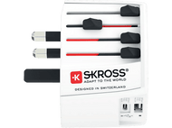 Adaptateur de voyage blanc avec plusieurs configurations de prises et un design accentué de rouge. Marque KSKROSS.