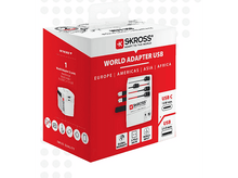 Charger l&#39;image dans la galerie, Adaptateur USB mondial en boîte, blanc et rouge, avec des images d&#39;adaptateurs et du texte.
