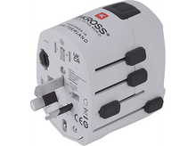 Charger l&#39;image dans la galerie, Un adaptateur de voyage blanc avec plusieurs configurations de prises et un design à rayures rouges.
