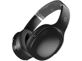 Casque Skullcandy noir avec un bandeau gris et un fond noir.