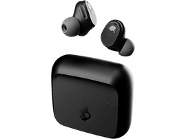 Écouteurs sans fil noirs avec étui de chargement, avec le logo Skullcandy.