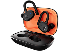 Écouteurs Skullcandy noirs avec étui orange. Les écouteurs sont dans l