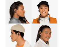 Charger l&#39;image dans la galerie, Quatre personnes portant des écouteurs noirs, dans différents contextes, présentant le produit.
