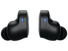 Charger l&#39;image dans la galerie, Écouteurs sans fil noirs, vue latérale, avec des voyants bleus.
