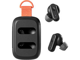 Écouteurs sans fil Skullcandy et étui de chargement. Écouteurs et étui noirs avec lanière orange.
