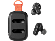 Écouteurs sans fil Skullcandy et étui de chargement. Écouteurs et étui noirs avec lanière orange.