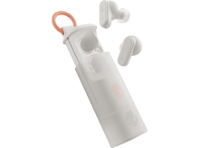 Charger l&#39;image dans la galerie, Écouteurs Skullcandy blancs dans étui de chargement blanc avec boucle rose.
