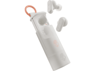 Écouteurs Skullcandy blancs dans étui de chargement blanc avec boucle rose.