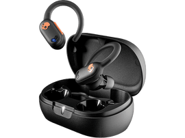 Écouteurs Skullcandy noirs avec un étui de chargement. Un écouteur a des accents orange.