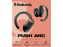 Charger l&#39;image dans la galerie, Écouteurs Skullcandy Push ANC noirs et oranges, avec texte et icônes.
