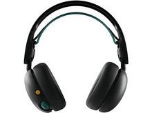 Charger l&#39;image dans la galerie, Casque noir avec des accents verts et un bouton jaune sur fond blanc.
