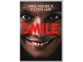 Affiche du film Smile. Gros plan sur un visage avec un sourire effrayant. Texte rouge sur le visage.
