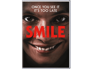 Affiche du film Smile. Gros plan sur un visage avec un sourire effrayant. Texte rouge sur le visage.