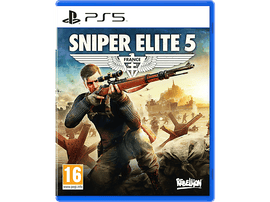 Jaquette de jeu : "Sniper Elite 5" pour PS5. Un homme vise avec un fusil. Le titre du jeu est en évidence.