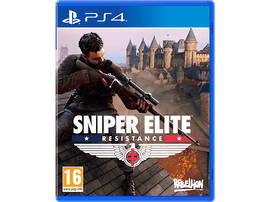 Boîtier de jeu PS4, Sniper Elite Resistance. Homme sur toit, fusil. Boîtier bleu, château.