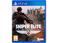 Boîtier de jeu PS4, Sniper Elite Resistance. Homme sur toit, fusil. Boîtier bleu, château.