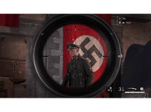 Charger l&#39;image dans la galerie, Vue de lunette de sniper d&#39;un homme en uniforme nazi. Drapeau nazi en arrière-plan.
