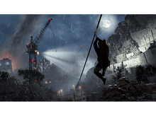 Charger l&#39;image dans la galerie, Un homme est suspendu à un câble par une nuit pluvieuse, avec des grues et la pleine lune.

