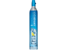 Charger l&#39;image dans la galerie, Cylindre de CO2 SodaStream bleu avec un verre d&#39;eau et du citron.
