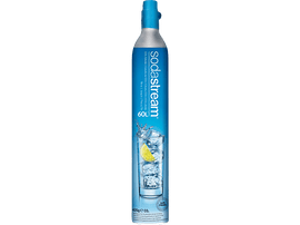 Cylindre de CO2 SodaStream bleu avec un verre d