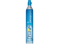 Cylindre de CO2 SodaStream bleu avec un verre d'eau et du citron.