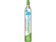 Cylindre de CO2 SodaStream. Cylindre argenté, avec base et sommet verts, et logo bleu.